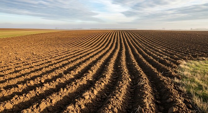 Aerial view of agricultural field with irrigation system during golden hour.