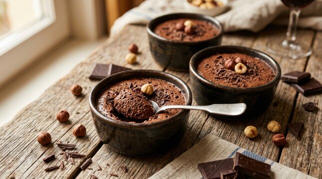 Decadent chocolate mousse desserts topped with hazelnuts and chocolate shavings served in rustic ramekins on a wooden table