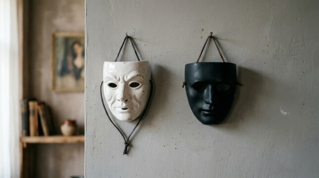 Two decorative Venetian masks in black and white hanging on a grey wall.