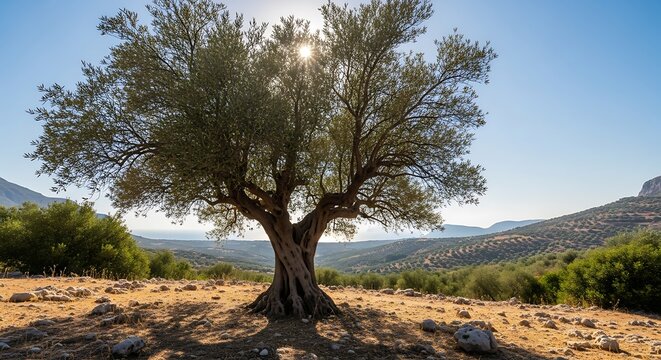 Solitary pine tree standing on arid hillside with distant mountains.