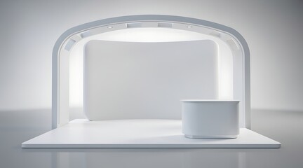 Fototapeta premium Minimalist White Exhibition Booth with Illuminated Arch and Pedestal.
