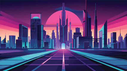 Futuristic cyberpunk cityscape at sunset with glowing neon skyscrapers and digital roadway high tech cyberpunk futuristic skyscraper metropolis architecture technology dystopian synthwave © puza