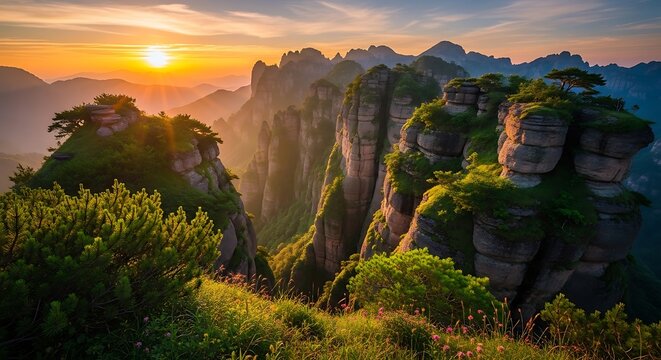 Golden sunset over lush green valley with winding river.