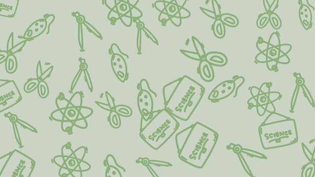Creative and educational green science pattern featuring atoms, scissors, compasses, signs, shapes, icons, and doodle art elements. Perfect for sciencethemed designs.