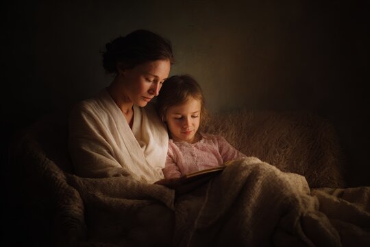 Mother and daughter reading together on mother's lap cozy bedtime scene for family storytime background and parent child bonding
