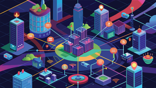Isometric smart city network digital infrastructure concept with isometric technology infrastructure connected communication business connectivity internet buildings development transfer