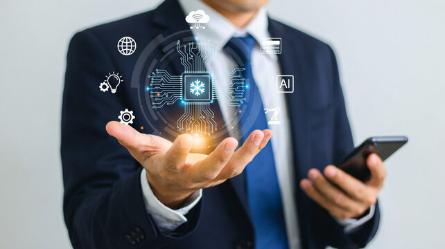 Businessman Holding Virtual Global Technology Interface Featuring Digital Icons and Advanced Data Network Connectivity