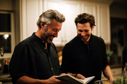 Two friends laughing and reading a cookbook together in a cozy kitchen for culinary lifestyle content and recipe club banner design