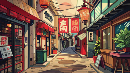 Traditional japanese street alley with lanterns and storefronts in anime style traditional lanterns architecture buildings storefront illustration neighborhood destination historical © puza