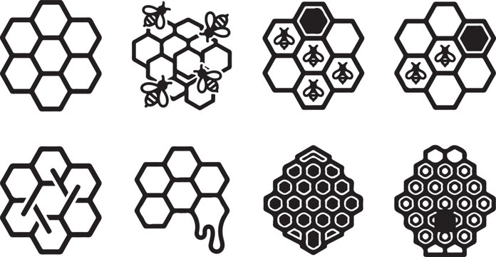 Minimalist hexagonal honeycomb bee vector icons set Vector