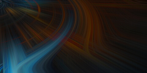 Abstract background with swirling glowing light trails in deep blue and warm orange creating cosmic nebula effect motion blur. © MdMohidul