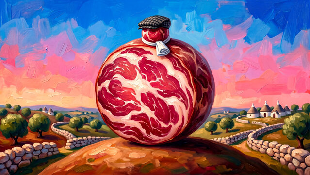 Surreal oil painting of a cured meat capocollo character in the Apulian countryside, Italy.