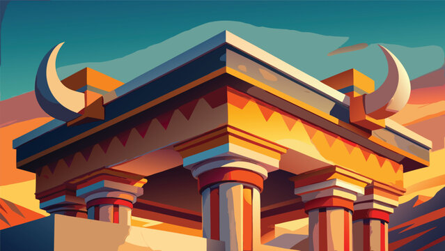 Ancient greek temple architecture with horned pediment detail architecture pediment mythology historical landmark civilization building structure illustration ornament stylized exterior