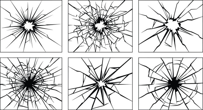 Broken glass vector set with 6 shattered window textures, realistic cracked glass hole effects, black and white splintered glass shards for overlays