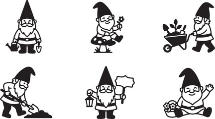 Cartoon gnome characters performing gardening and cheerful activities Vector © rohan