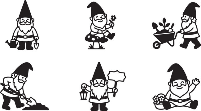 Cartoon gnome characters performing gardening and cheerful activities Vector