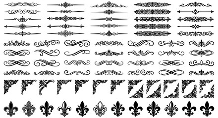 Vintage ornamental dividers and corner frames set, elegant black filigree flourishes for wedding invitations, decorative fleur de lis icons collection © Angel