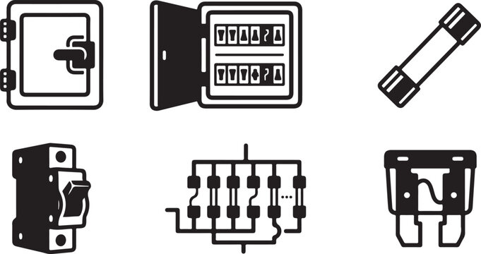 Set of six electrical control panel icons including switches and circuit breaker Vector