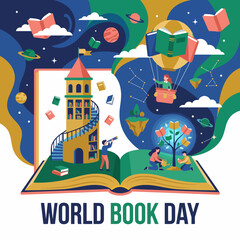 Obraz premium A vibrant illustration commemorating World Book Day, showcasing a magical world of books, inspiring creativity and a love for reading through colorful elements and enchanting settings.