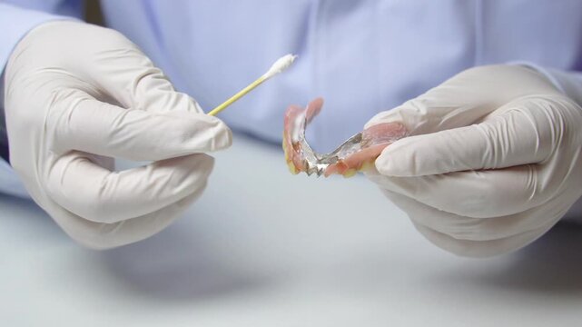 A dentist is performing repair and maintenance on a set of dentures.