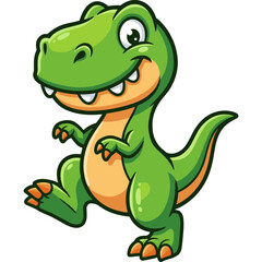 Fototapeta premium A green dinosaur runs happily outdoors in a cartoon