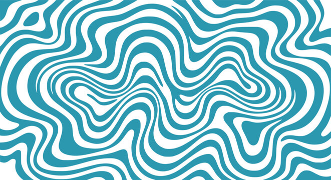 Psychedelic wavy line pattern in teal and white, abstract trippy liquid swirl background, retro 70s style warped stripe texture, groovy optical illusion vector