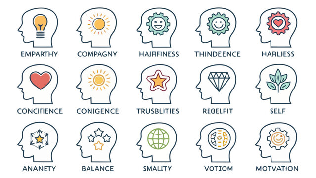 Set of 15 illustrated human head icons representing diverse emotional intelligence with intelligence motivational attributes displays collection stylized