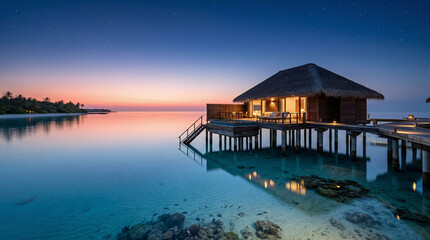 Obraz premium Luxury Overwater Bungalow at Dawn Over a Calm Blue Lagoon with Coral Visible Below