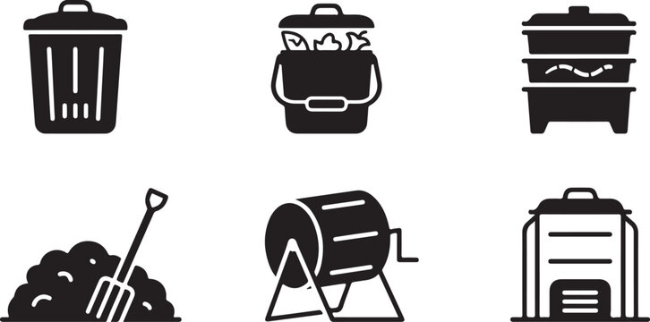 Six black recycling and composting icons set Vector