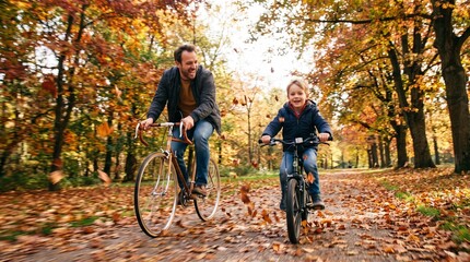 Fototapeta premium Father and Son Riding Bicycles Through Vibrant Autumn Forest Path