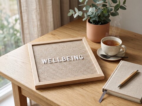 Felt letterboard spelling wellbeing on a light oak desk beside steaming tea and eucalyptus plant