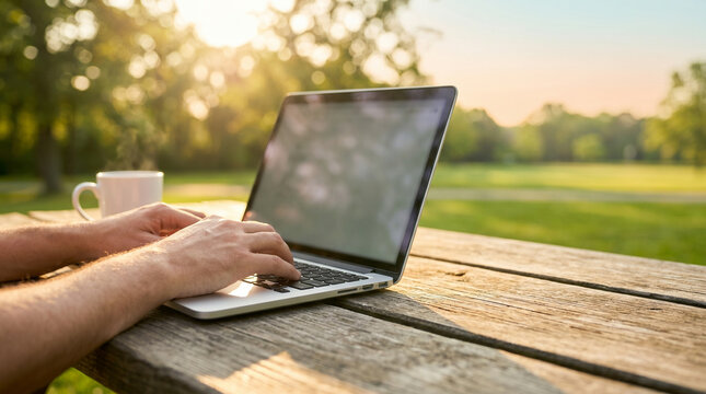Labor Day remote working outdoors with laptop and copy space