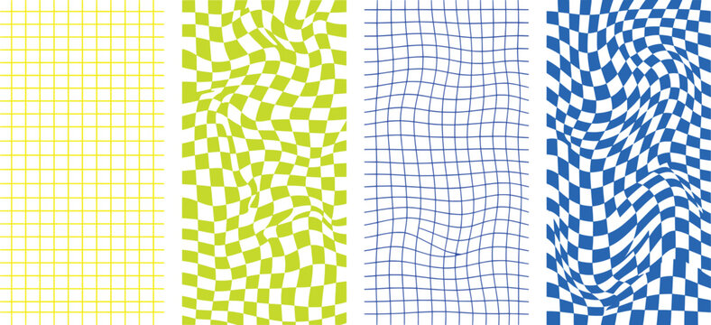 Wavy distorted grid background set, psychedelic checkered pattern textures, trippy liquid mesh vector collection in blue and lime green