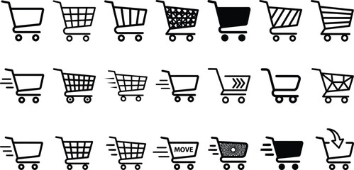 Shopping cart icon set with 21 black vector line elements, minimalist retail store trolley symbols, e-commerce checkout and fast delivery graphics © Angel