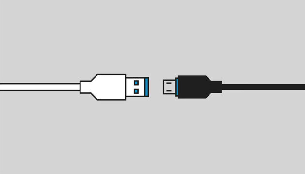 USB-A and micro-USB cable connectors about to plug into each other representing data transfer and power connection on grey background.