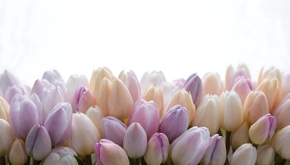 Obraz premium Macro studio photograph of a dense field of delicate pastel tulip buds clustered along the lower edge of the frame, hundreds of velvety blooms creating a soft floral carpet, dreamy powder-like petals