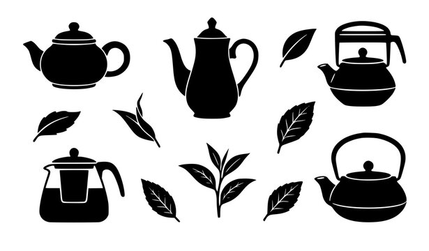 Black silhouette collection of teapots and tea leaves for beverage branding and packaging