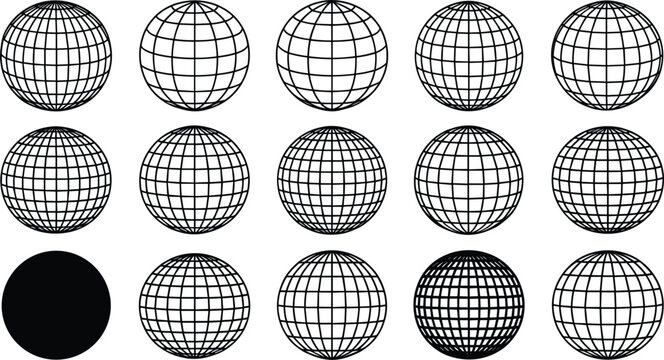 Abstract wireframe globe vector set with black grid lines for global business technology internet and planet earth concept