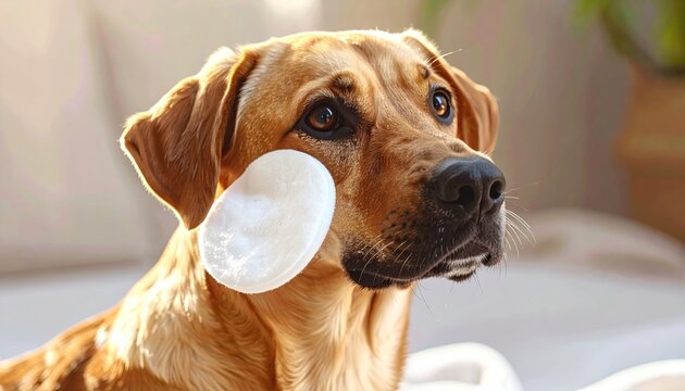 Dog with Cotton Pad - A Moment of Canine Care.