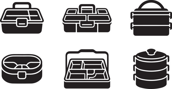Six black and white storage and lunch box icons set Vector