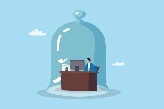 Career decision to work in comfort zone or safe zone without leaving the company, employee challenge for job or working motivation, courage or ambition to escape, businessman working in comfort zone.