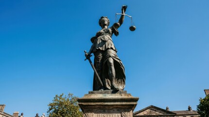 Obraz premium Justice statue themis against clear blue sky