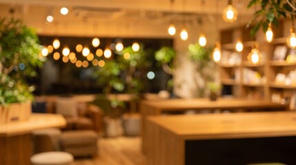 Obraz premium Blurred Modern Office Interior with Warm Lighting and Indoor Plants