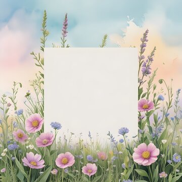 Wildflower meadow border with soft watercolor texture, gentle pastel sky background, large blank center, elegant floral Instagram template
