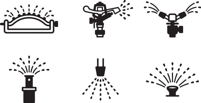 Six types of sprinkler irrigation system icons in black and white Vector