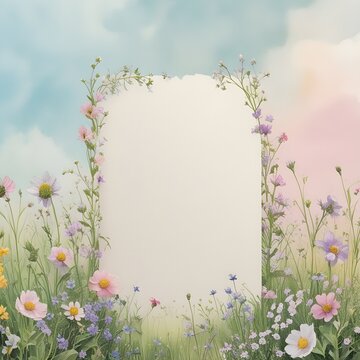 Wildflower meadow border with soft watercolor texture, gentle pastel sky background, large blank center, elegant floral Instagram template