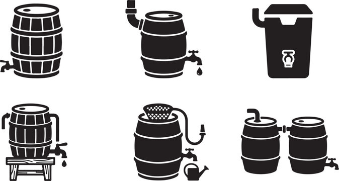Collection of traditional wooden beer barrels with taps and accessories Vector