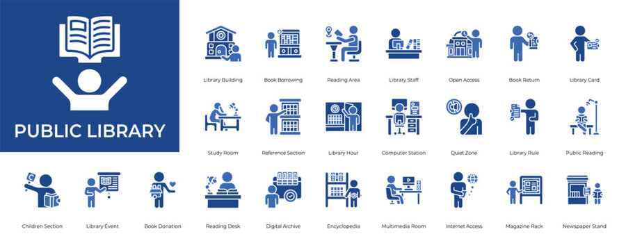 Public Library Icon set Collection in Glyph Two Color Style. book, read, study, learning, literature, document