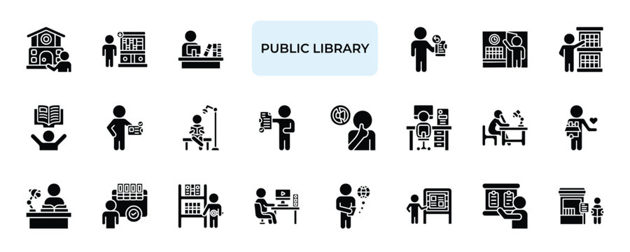 Public Library Icon set Collection in Solid Glyph Style. book, read, study, learning, literature, document