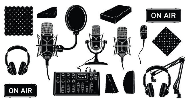 Podcast studio equipment layout with microphones and headphones on air